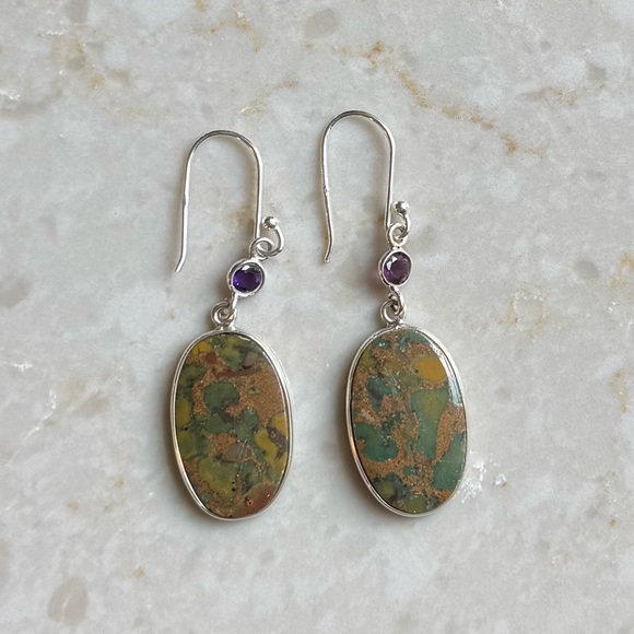 Sundance Jewelry - NWOT Sundance Rainforest Night Earrings, Bamboo Jasper, Amethyst, Sterling